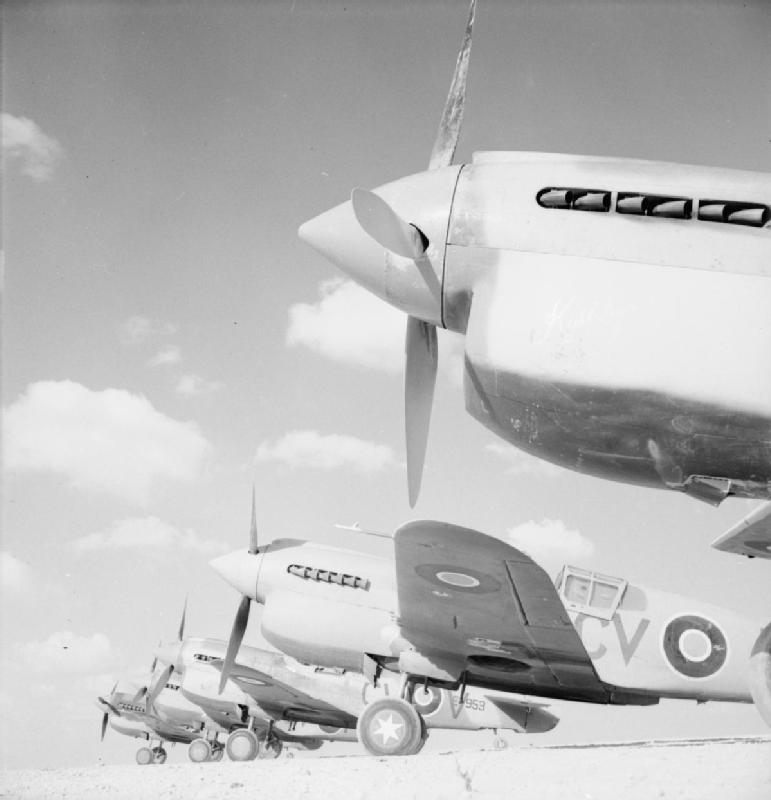 Curtiss
                  Kittyhawk Mark IAs RAAF 3 Squadron lined up at LG 91,
                  Egypt