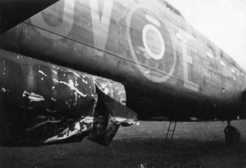 460 Squadron, Breighton, England, c.1942. Lancaster B.Mk.I W4941/UV-E with light flak damage after a raid on Duisburg. via Mike Mirkovic.