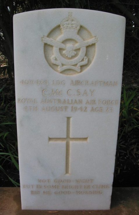 Headstone of Lac C McC Say killed in the crash of Anson W2165 Mallala War Cemetery. Photo Rod Farquhar.