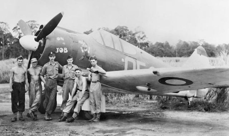 CA-13 Boomerang                            A46-191/QE-H 'On the Job' With pilot and                            ground crew, 4 Squadron Nadzab c.1944 via                            Mike Mirkovic