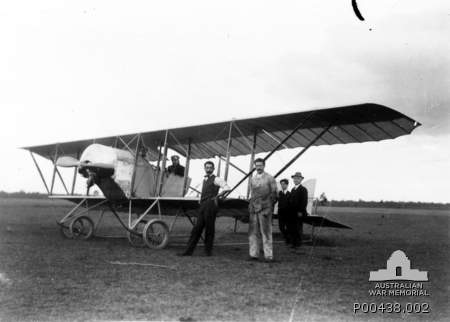 A CAUDRON G3 AIRCRAFT, WITH AN 80HP GNOME ENGINE, FROM M. GUILLAUX'S FLYING SCHOOL. THE AIRCRAFT WAS ABOUT TO BE FLOWN TO CENTENNIAL PARK, SYDNEY, BY A FRENCHMAN, J.C. MARDUEL. AFTER SEVERAL CHANGES OF OWNERSHIP THIS MACHINE WAS SOLD TO THE AUSTRALIAN DEFENCE DEPARTMENT IN 1916-01, BECAME CFS9 AND OPERATED FROM POINT COOK FOR AT LEAST ONE YEAR. RICHMOND, NSW, 1914-10-23. AWM P00438_002 via Brendan Cowan