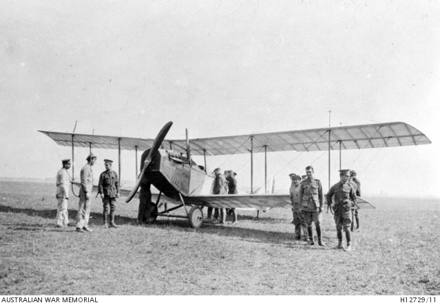 PORT FRONT VIEW OF CURTISS JENNY. (COLLECTION OF LT. H G CORNELL, NO.2 SQUADRON AUSTRALIAN FLYING CORPS (AFC), KIA 1917-12-11 OVER DERNANCOURT. DONATED BY MRS. J M CORNELL)