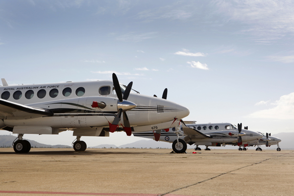 A32-670, -673, -437 A line              up of three No. 38 Squadron King Air 350s at RAAF Base              Townsville. 6th July 2010