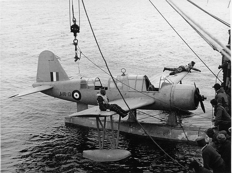 OS2U-3 Kingfisher 
A48-13 
About to be loaded on board HMAS Wyatt Earp, Antarctic Flight, Commonwealth Bay, Antarctica, Feb., 1948. 
via Mike Mirkovic.