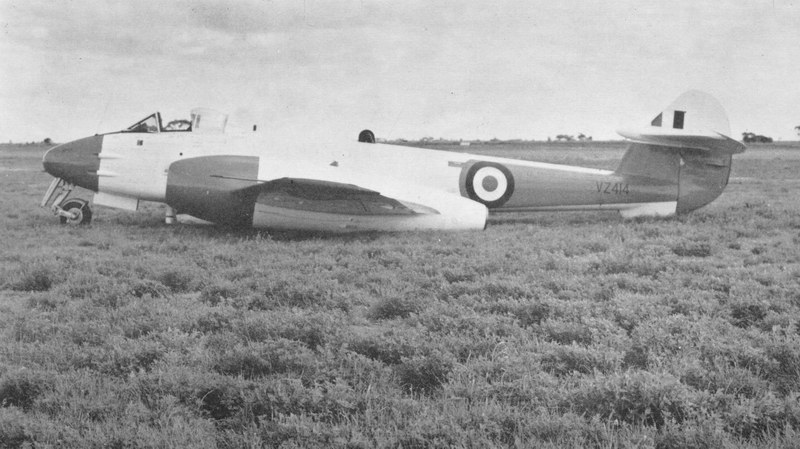 Meteor U.15 VZ414 in a spot of trouble,
                            time, place and photographer unknown. Via
                            Rod Farquhar.