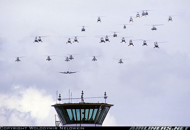 RAN Formation - Wessex Squirrel UH-1C B206B-1 Sea                King HS-748 Nowra 06Oct1986 - Photographer Wal Nelowkin                - RAN 75th Anniv Airshow