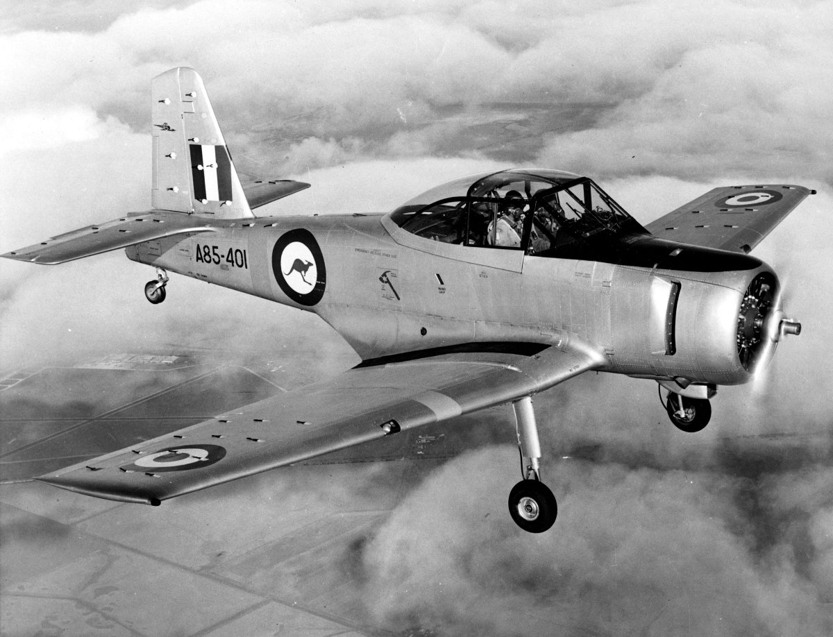 Winjeel A85-401 Flight trails 1955 Note tufts on
                  wings and tail