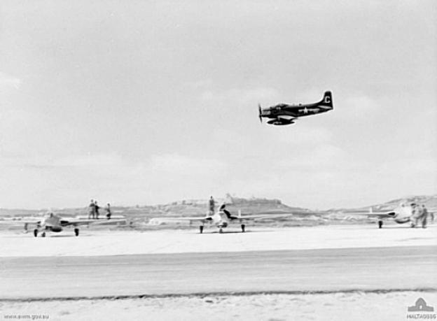 RNZAF  Vampires Malta 1954 with USN AD-6 Skyraider Photo AWM via Brendan Cowan.jpg